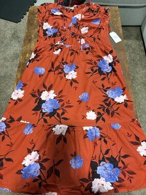 Rusty Floral Midi Dress with Blue & White Blooms size 12-14 (L)